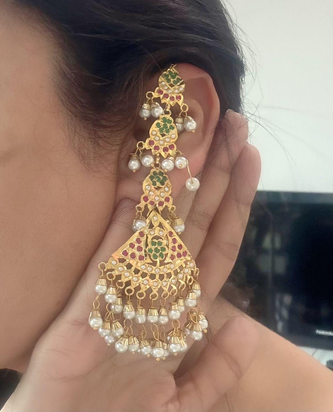 Multi stones Jadau earrings with kanchain kannauti ear climbers