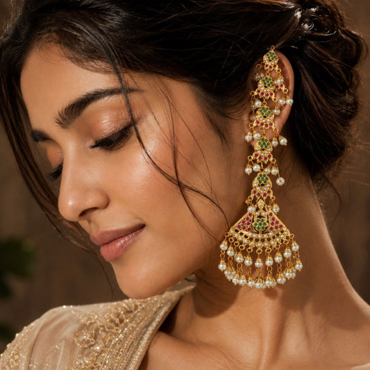 Multi stones Jadau earrings with kanchain kannauti ear climber earrings