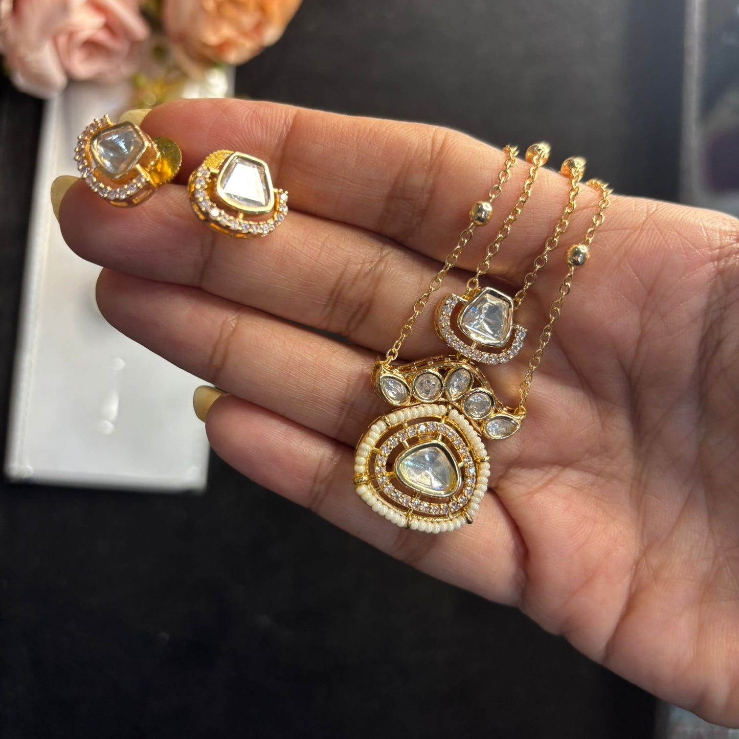 Noor Kundan Inspired  Delicate Necklace Set With Studs