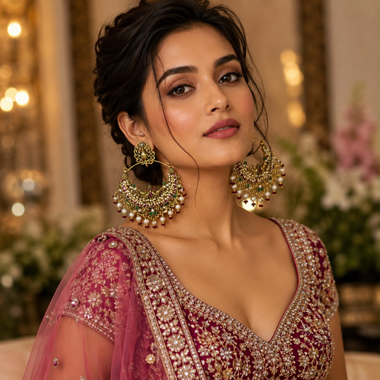 Handcrafted Peacock Chandbali earrings with ruby stones, emerald accents and pearls