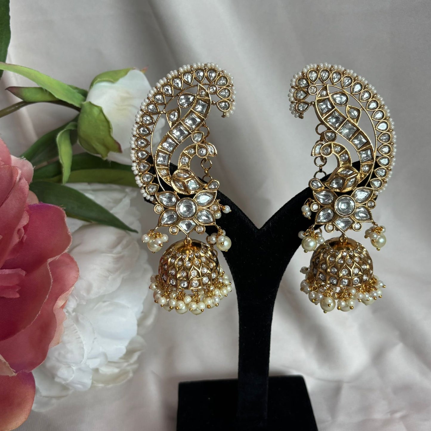 Paisley Polki Ear Cuff Jhumka Earrings with pearl detailing by Bebaak Jewels