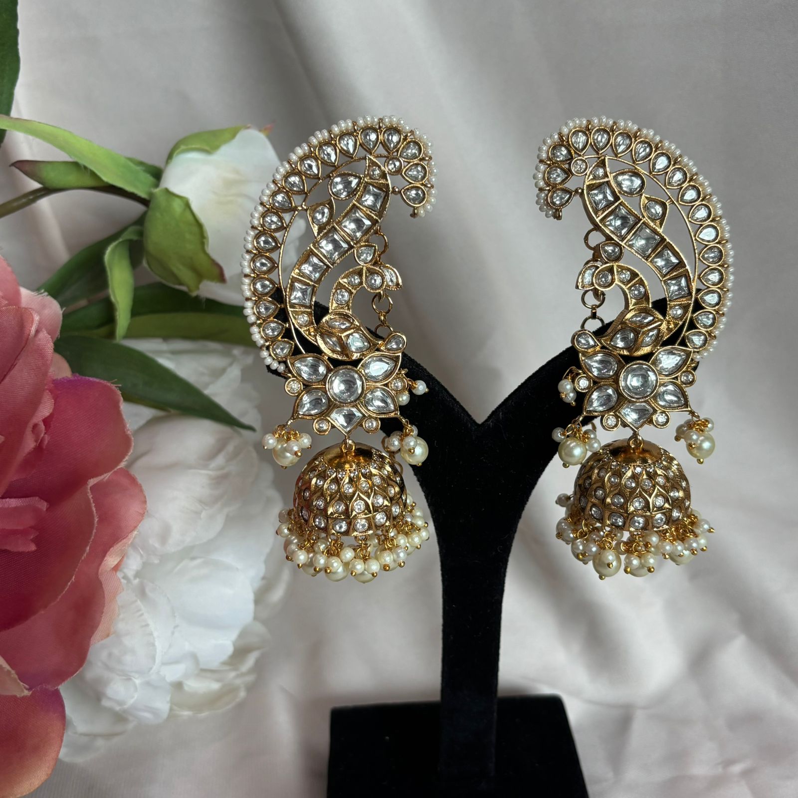 Paisley Polki Ear Cuff Jhumka Earrings with pearl detailing by Bebaak Jewels
