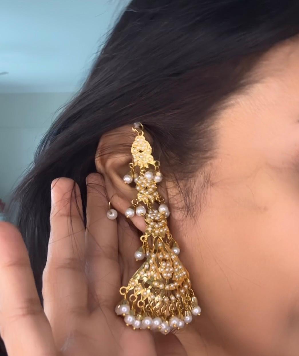 Pearls Jadau  gold plated Earrings with Kannauti  kanchain ear climber