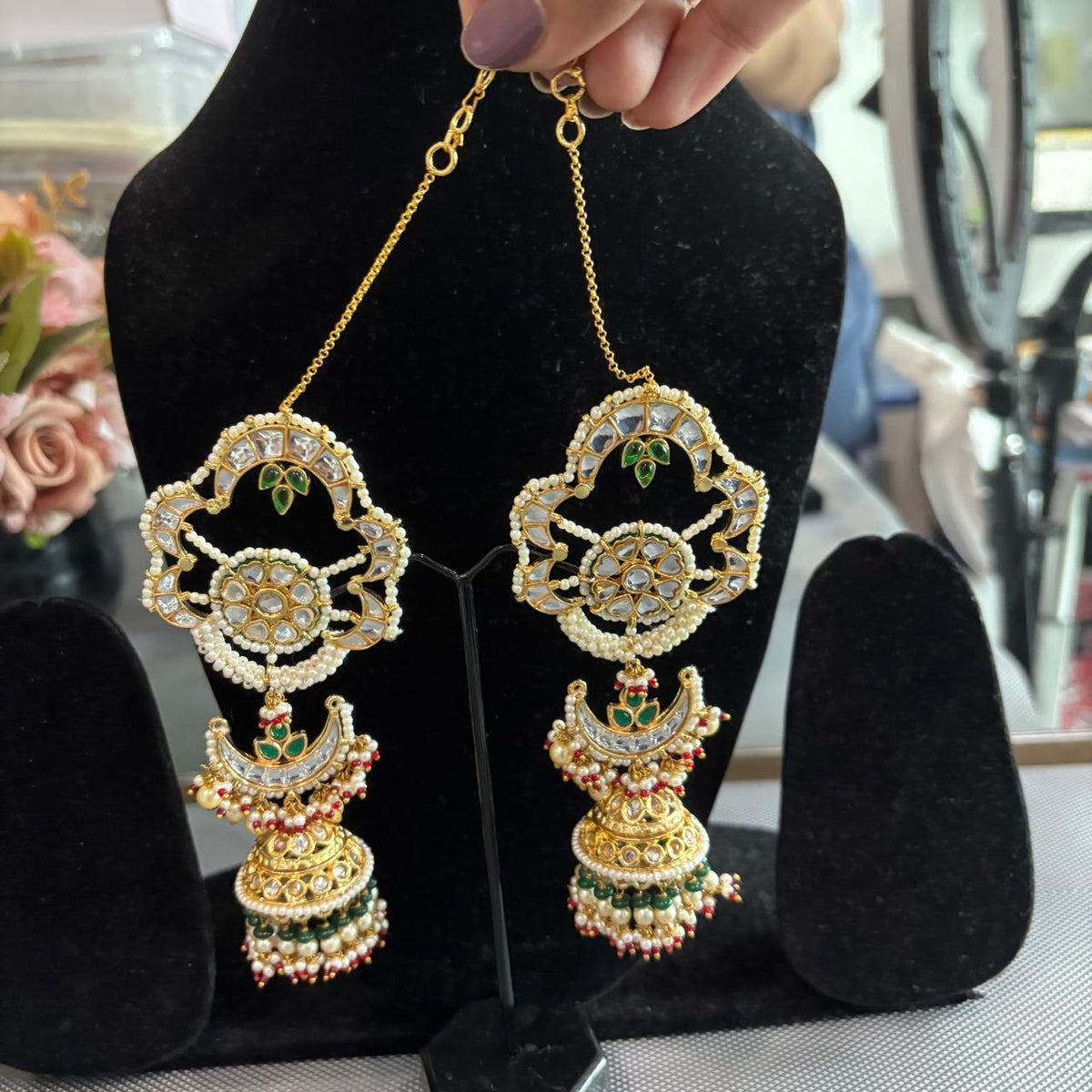 Full view of  Lightweight Big floral kundan earcuff earrings with pearl detailing and jhumka drop