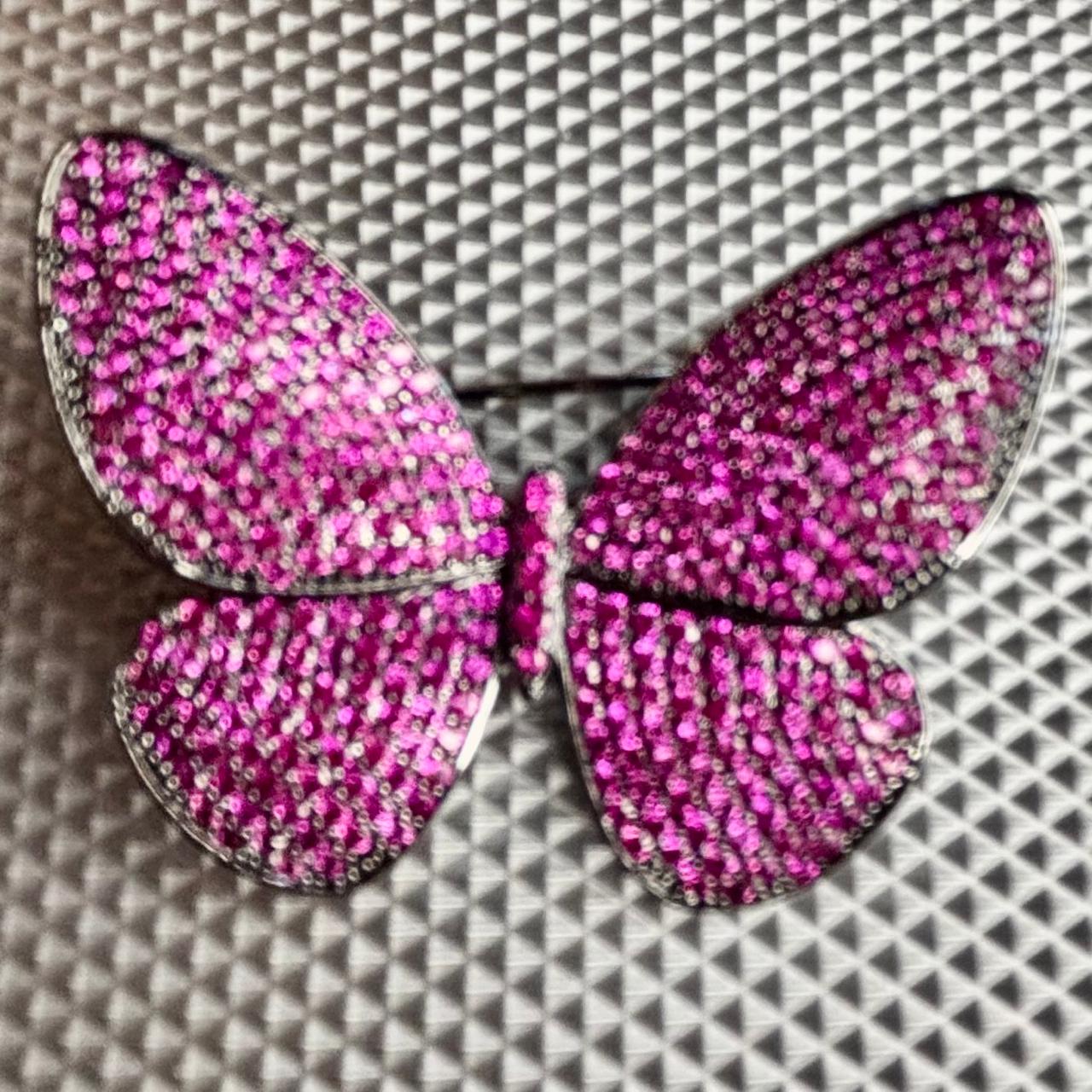 Luxury pink butterfly crystal brooch with sparkling pink stones in black rhodium finish, designer statement lapel pin for sarees, blazers and sherwanis.