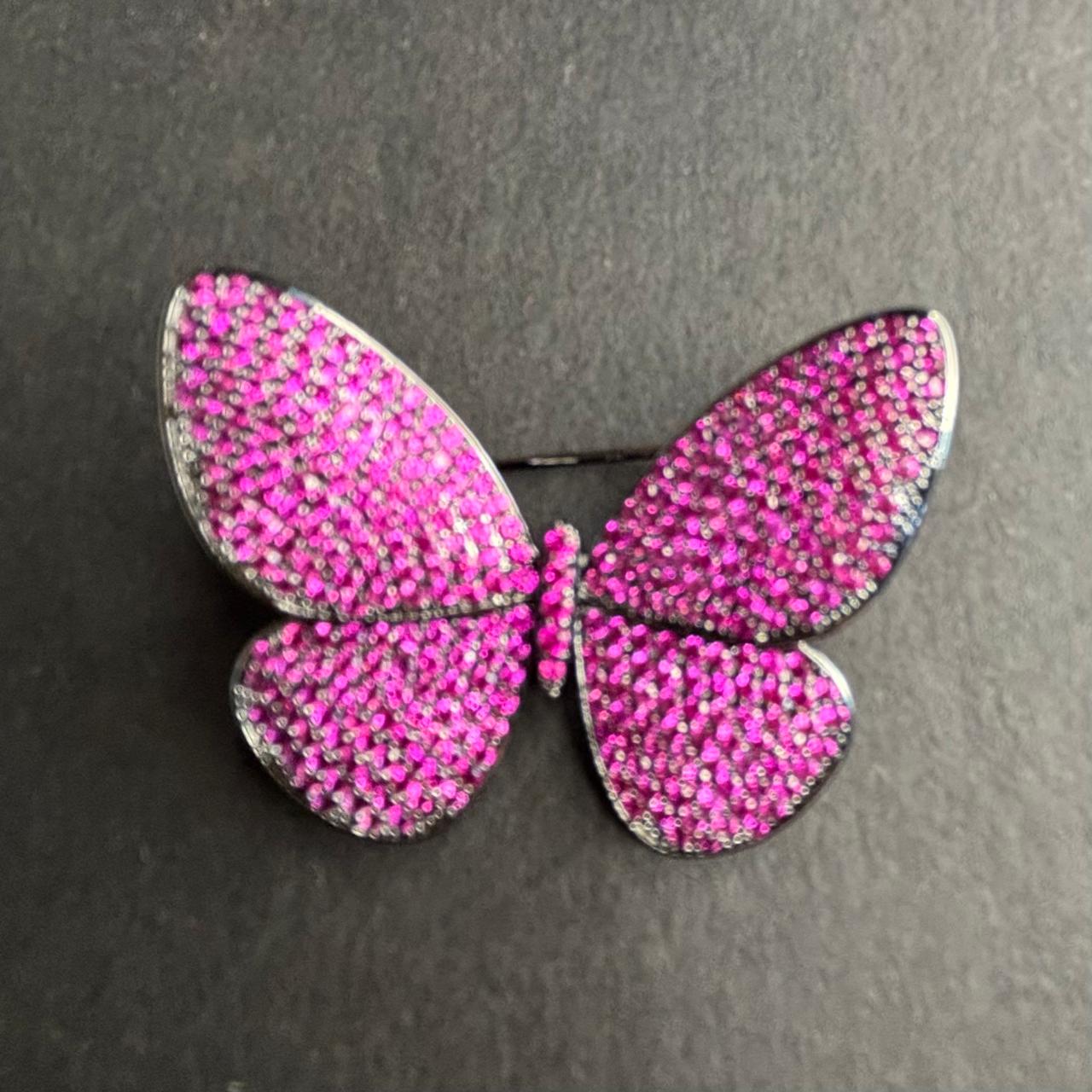 Luxury pink butterfly crystal brooch with sparkling pink stones in black rhodium finish, designer statement lapel pin for sarees, blazers and sherwanis.