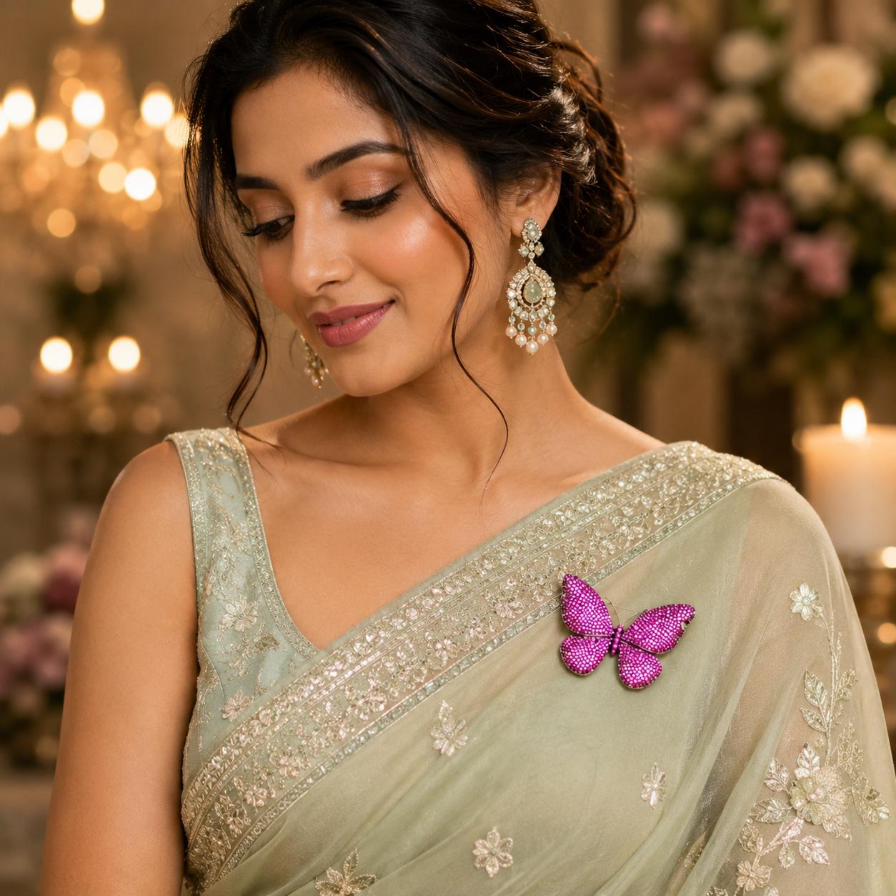 Luxury pink butterfly crystal brooch with sparkling pink stones in black rhodium finish, designer statement lapel pin for sarees, blazers and sherwanis.