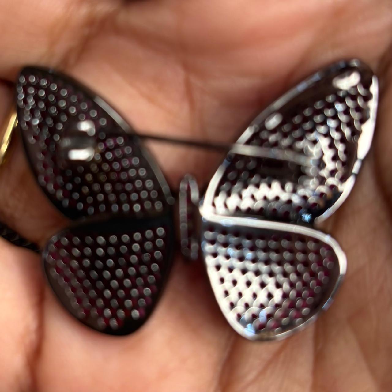 Luxury pink butterfly crystal brooch with sparkling pink stones in black rhodium finish, designer statement lapel pin for sarees, blazers and sherwanis.