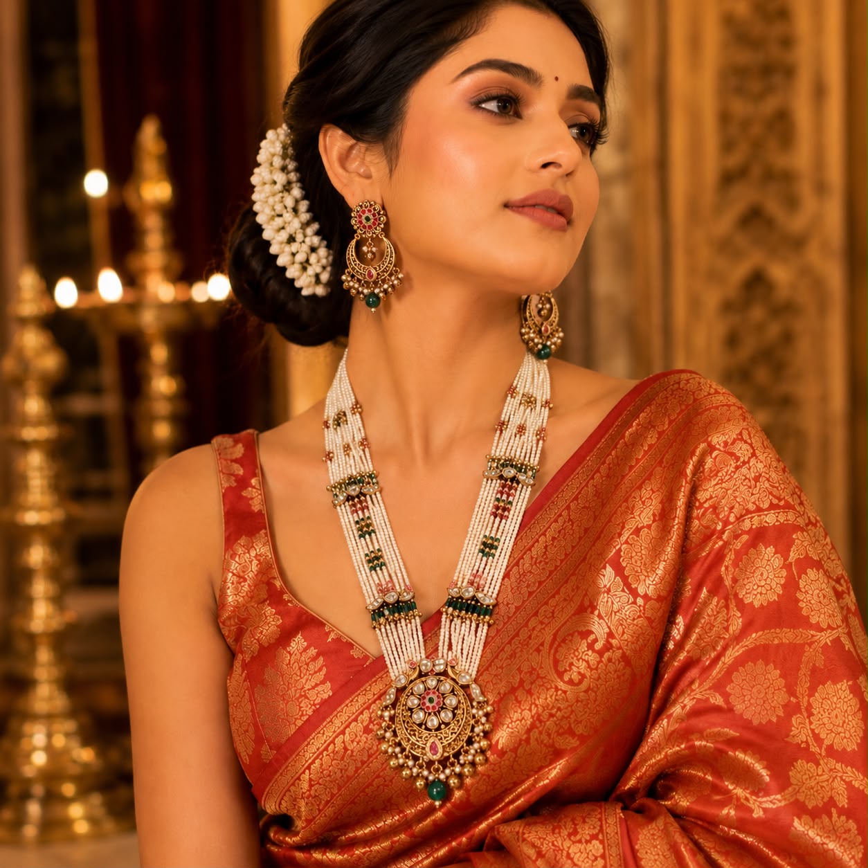 Rajwadi Kundan pearl  long necklace set with antique gold finish, multi-layer pearl strands, ruby accents, emerald green bead drops and matching chandbali earrings.
