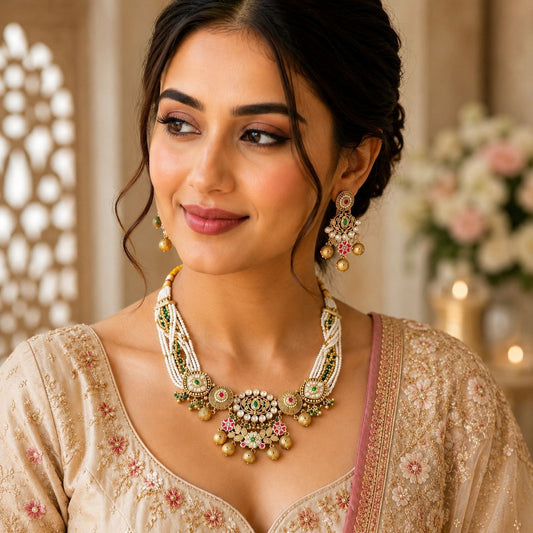 Model wearing Rajwada Pearl Kundan Choker Set with pearl strands and matching Kundan earrings by Bebaak Jewel