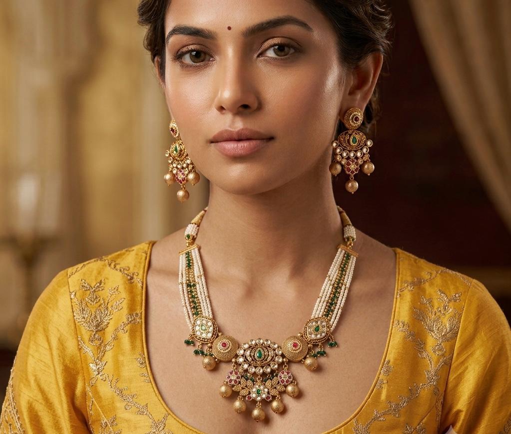 Model wearing Rajwada Pearl Kundan Choker Set with pearl strands and matching Kundan earrings by Bebaak Jewel