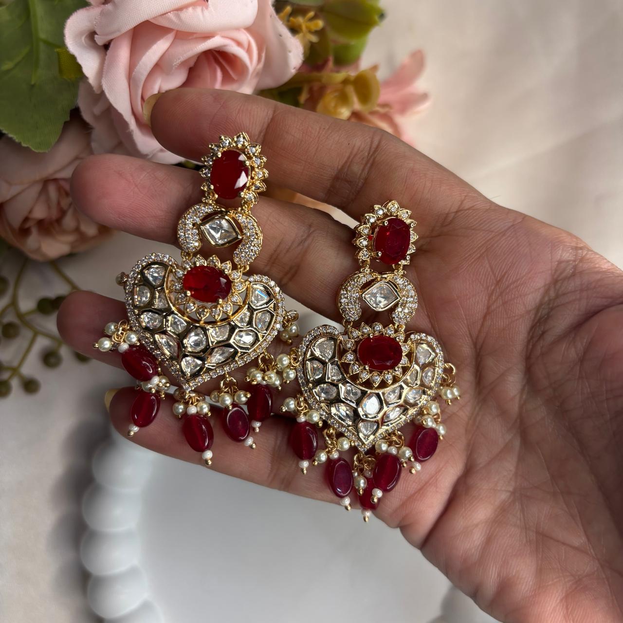 Royal Ruby Kundan Polki & American Diamonds Chandbali Earrings  by Bebaak Jewels.