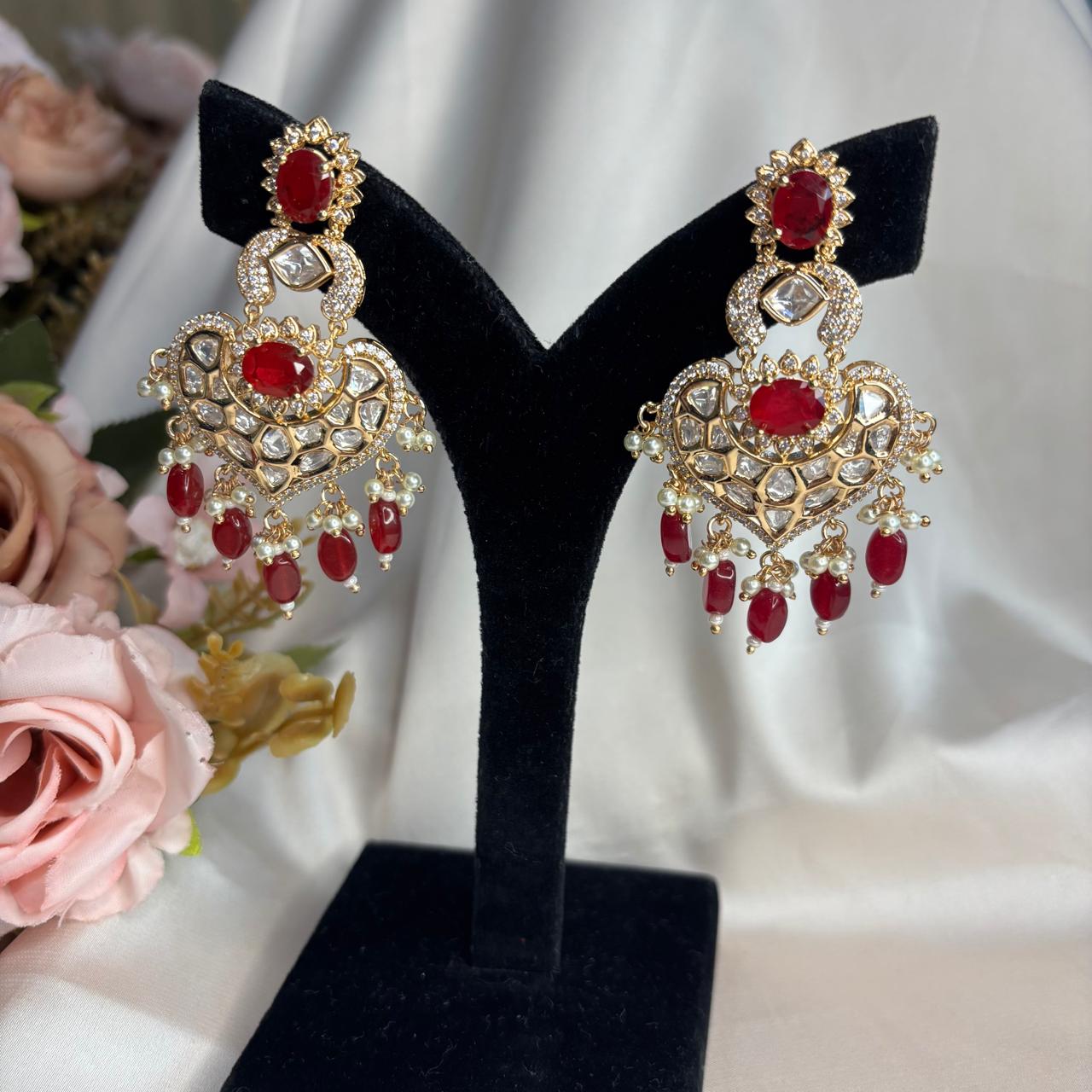 Royal Ruby Kundan Polki & American Diamonds Chandbali Earrings  by Bebaak Jewels.