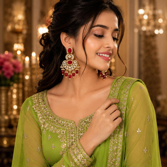Royal Ruby Kundan Polki & American Diamonds Chandbali Earrings  by Bebaak Jewels.