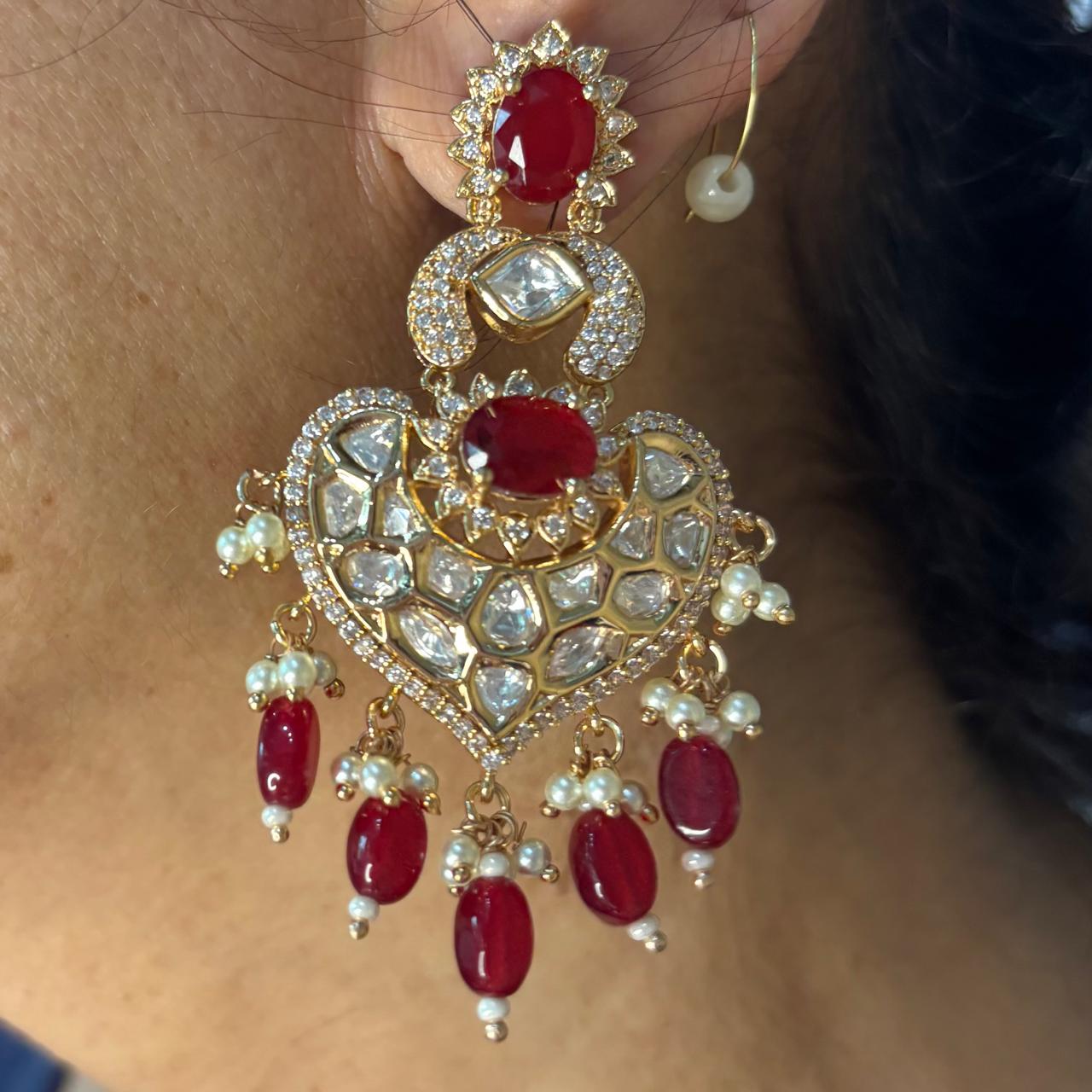 Royal Ruby Kundan Polki & American Diamonds Chandbali Earrings  by Bebaak Jewels.