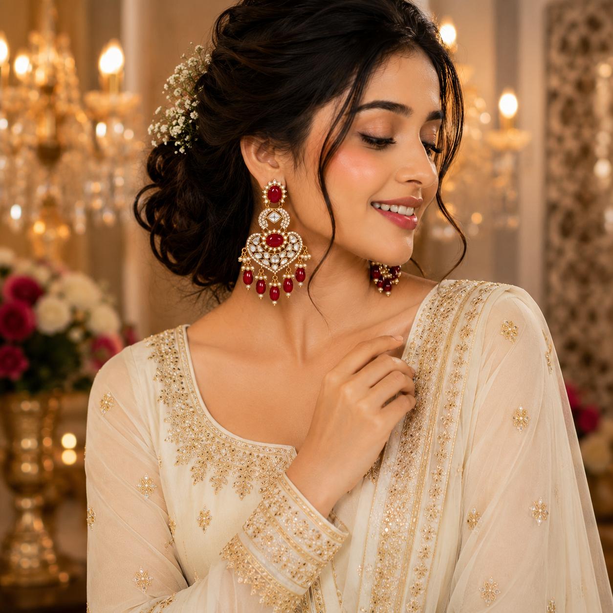 Royal Ruby Kundan Polki & American Diamonds Chandbali Earrings  by Bebaak Jewels.
