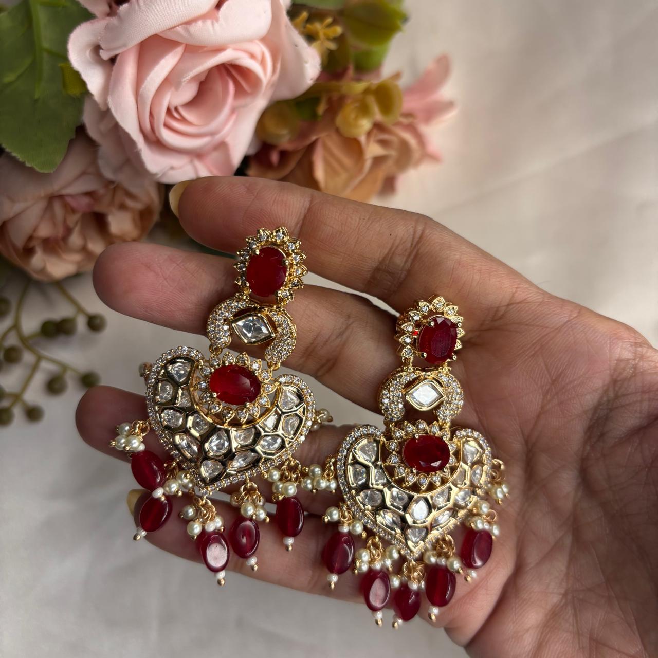 Royal Ruby Kundan Polki & American Diamonds Chandbali Earrings  by Bebaak Jewels.
