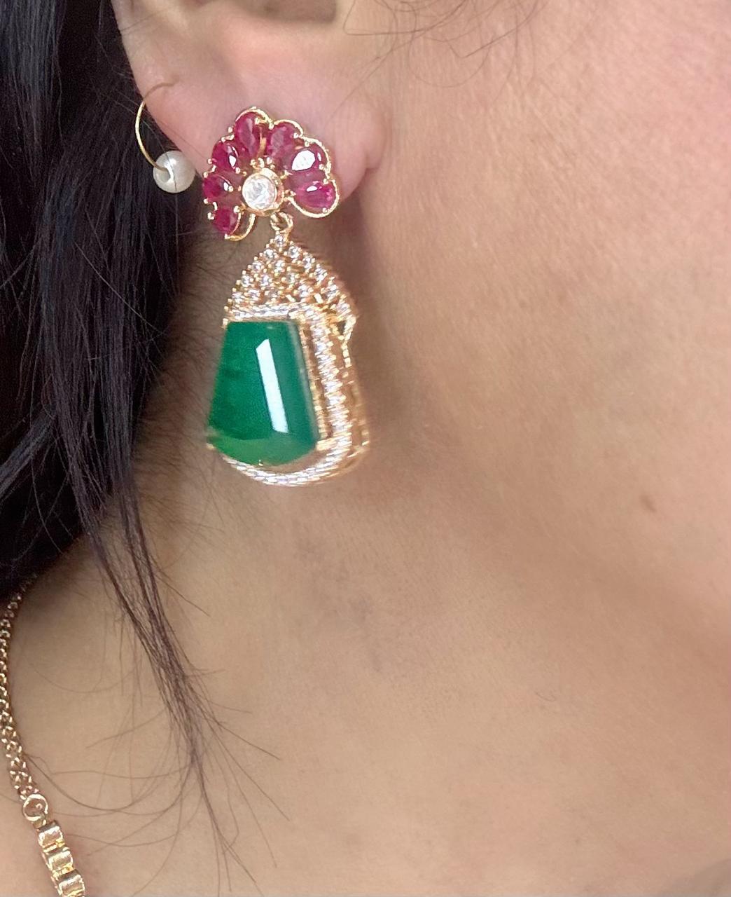 Ruby and Emerald with uncut Polki diamonds  Indo western Necklace Set for cocktail parties