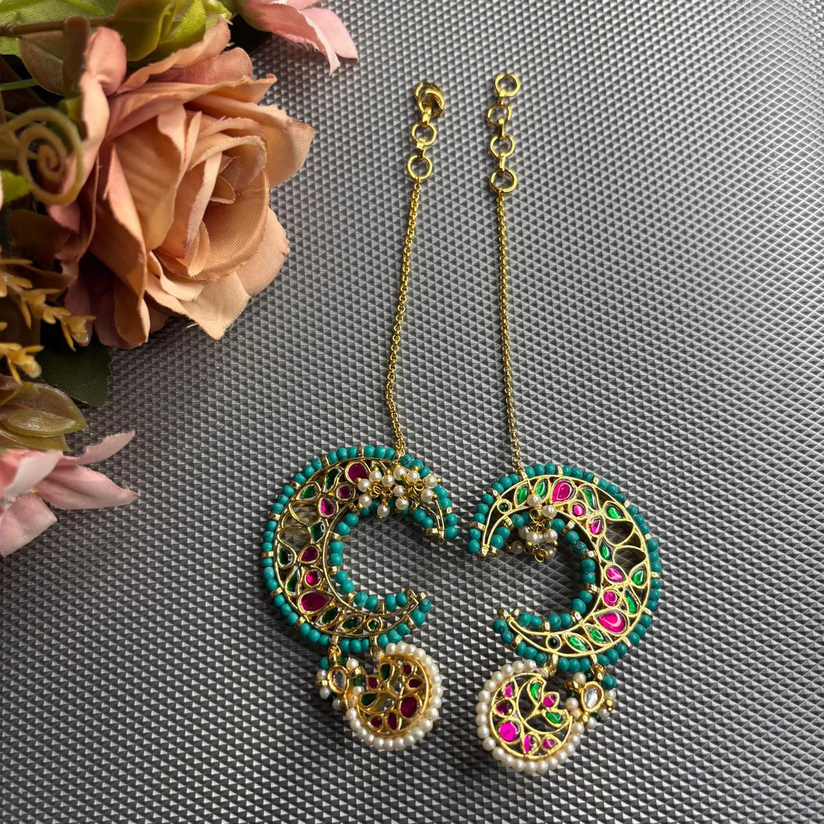 Traditional turquoise Kundan earcuff kaanphool statement earrings  with pearls styled for wedding wear