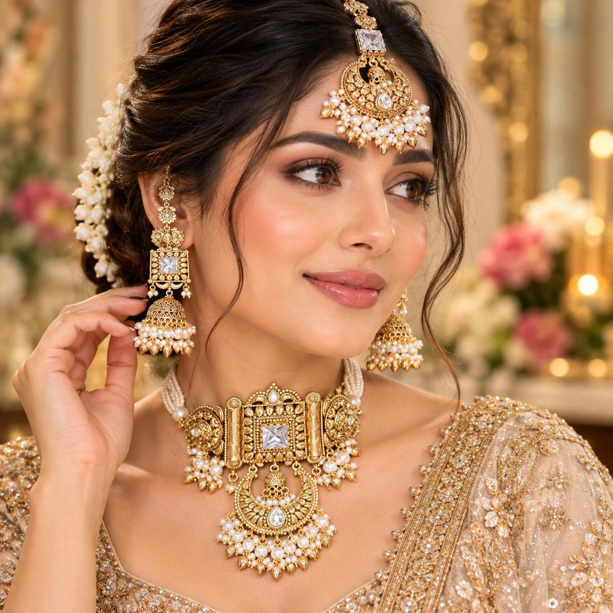 Women wearing Antique gold bridal choker necklace set with white pearl strands kannauti jhumka earrings and maang tikka by Bebaak Jewels