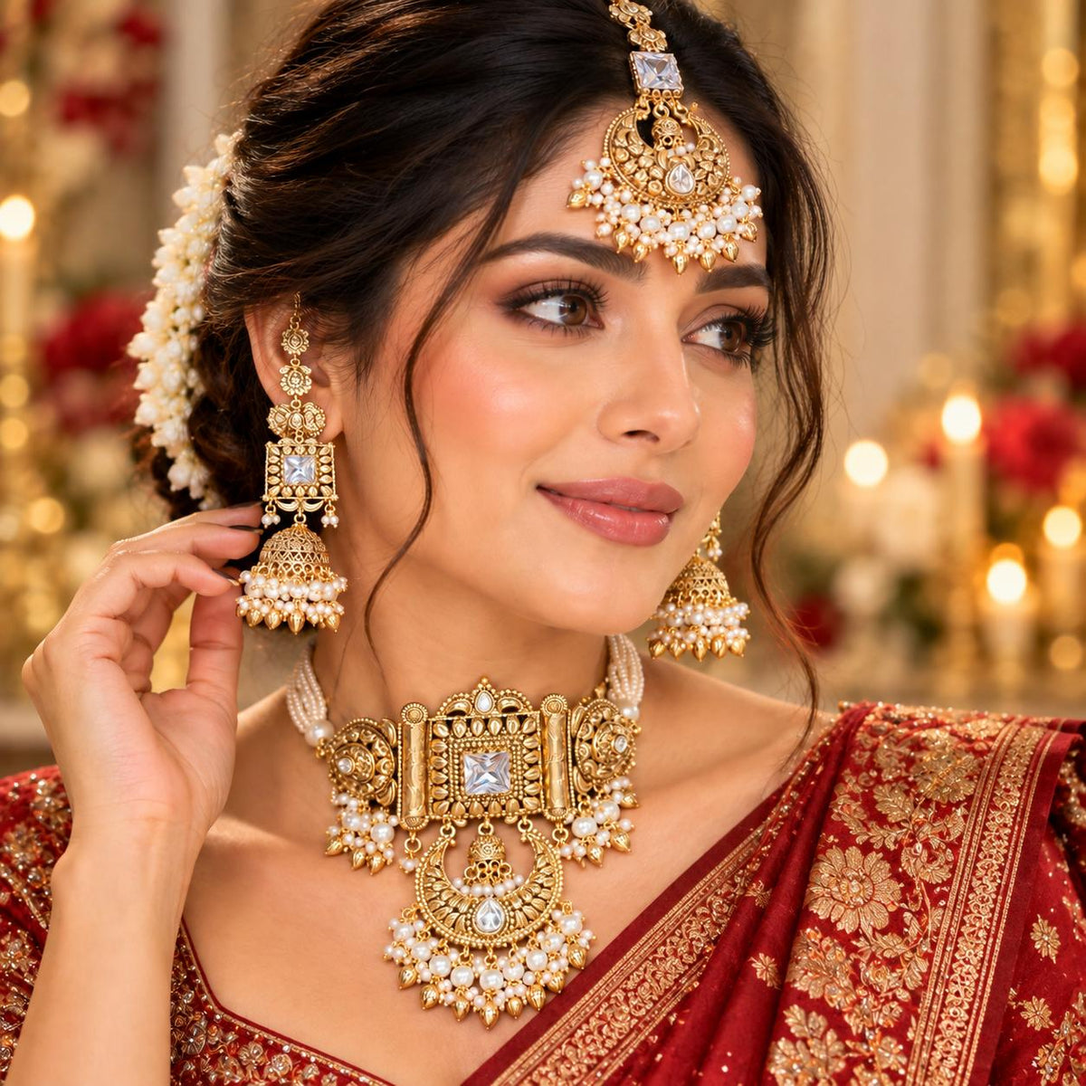 Women wearing Antique gold bridal choker necklace set with white pearl strands kannauti jhumka earrings and maang tikka by Bebaak Jewels