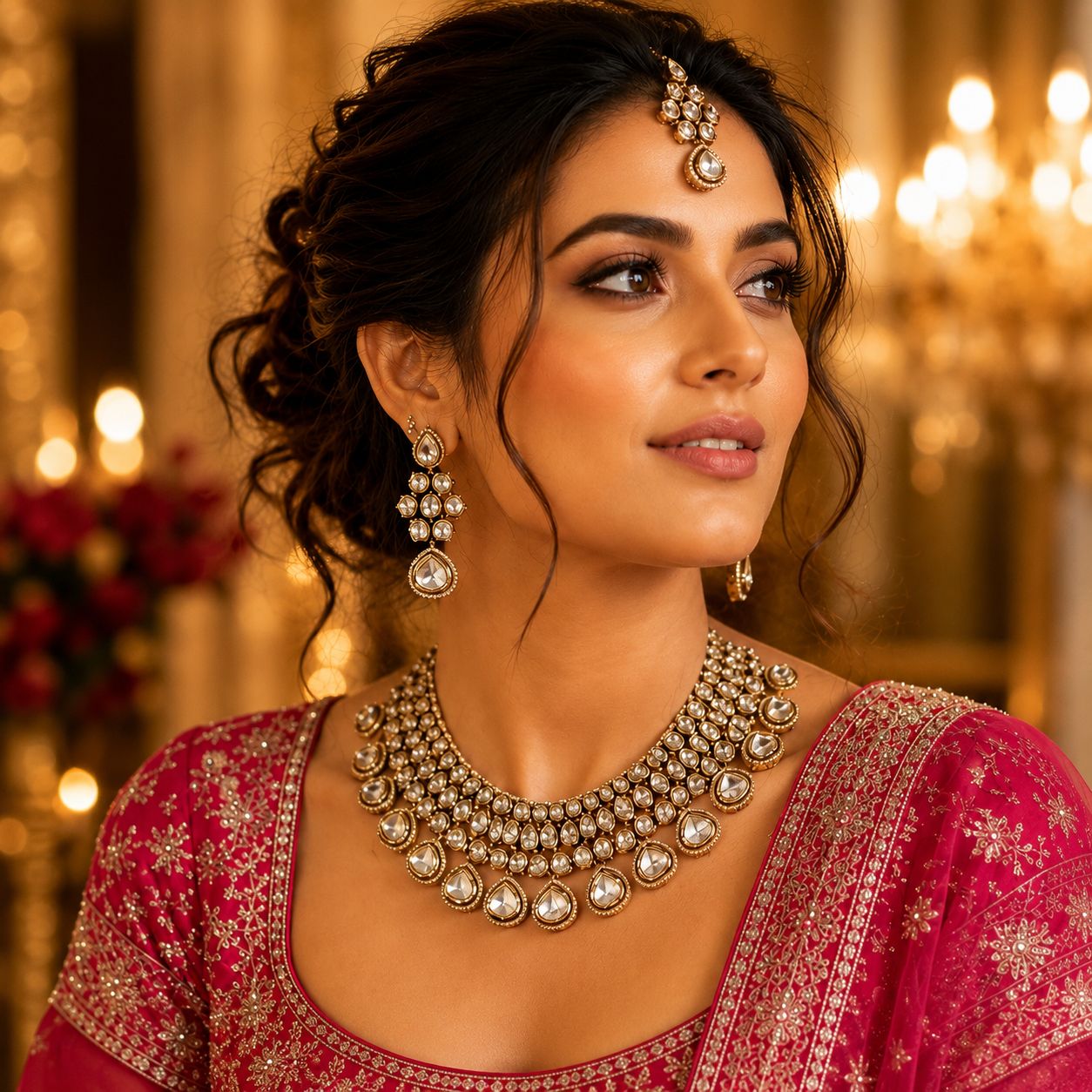  kundan bridal  necklace Set  with maang tikka in uncut polki diamonds and kundan 