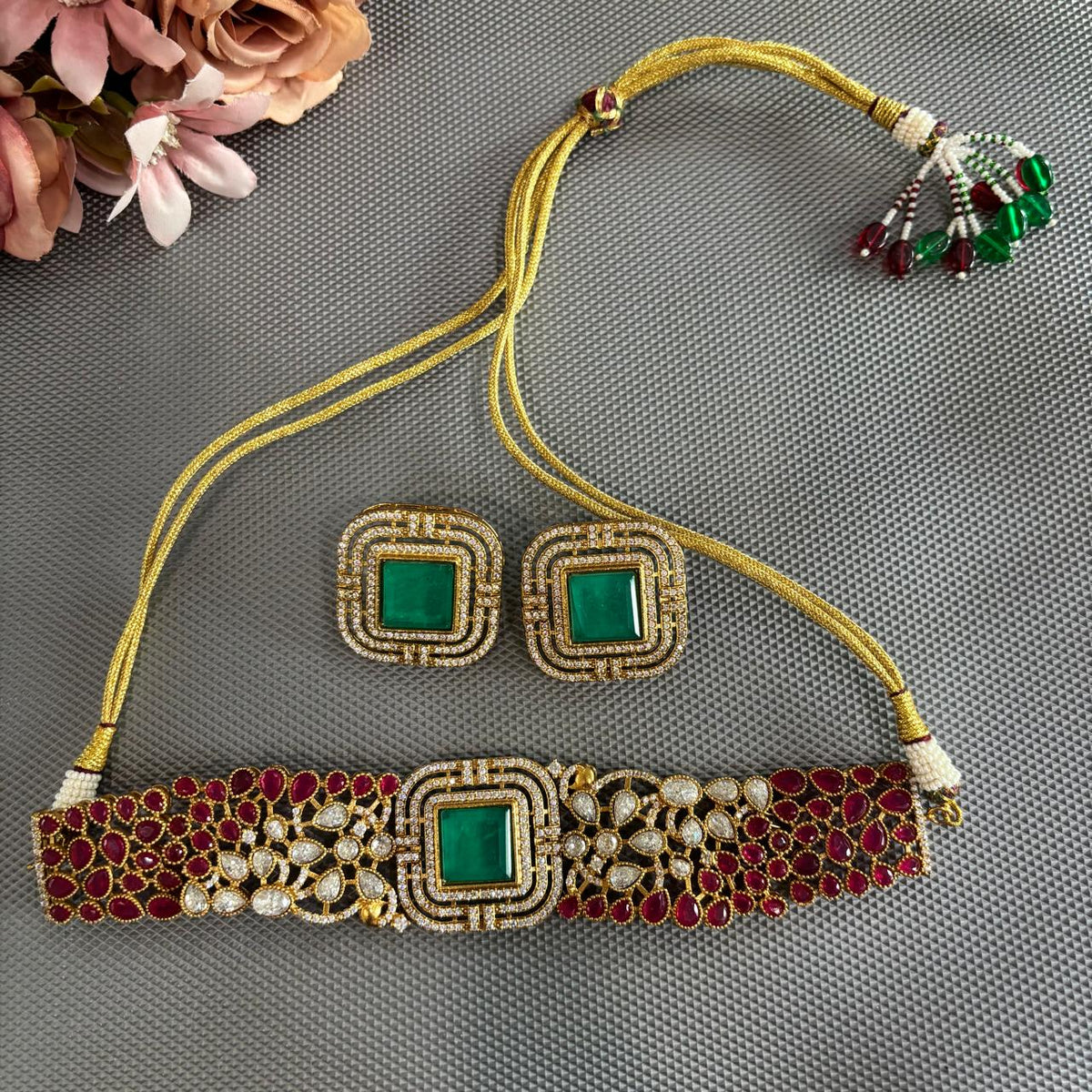 Emerald green ruby and AD stones statement choker necklace and square stud earrings