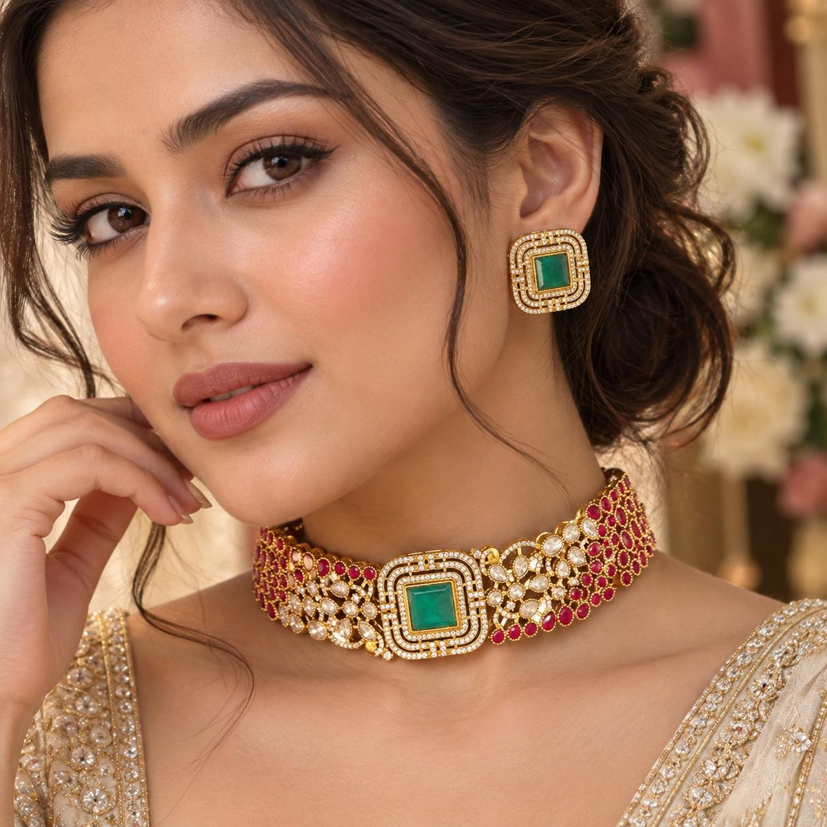 Woman wearing emerald green ruby and AD stones statement choker necklace and square stud earrings