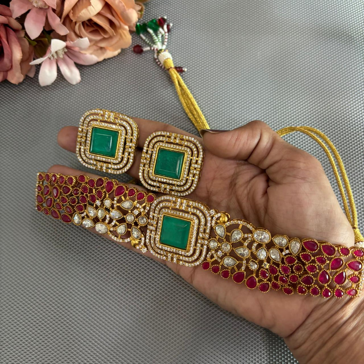 Hand held emerald green ruby and AD stones statement choker necklace and square stud earrings