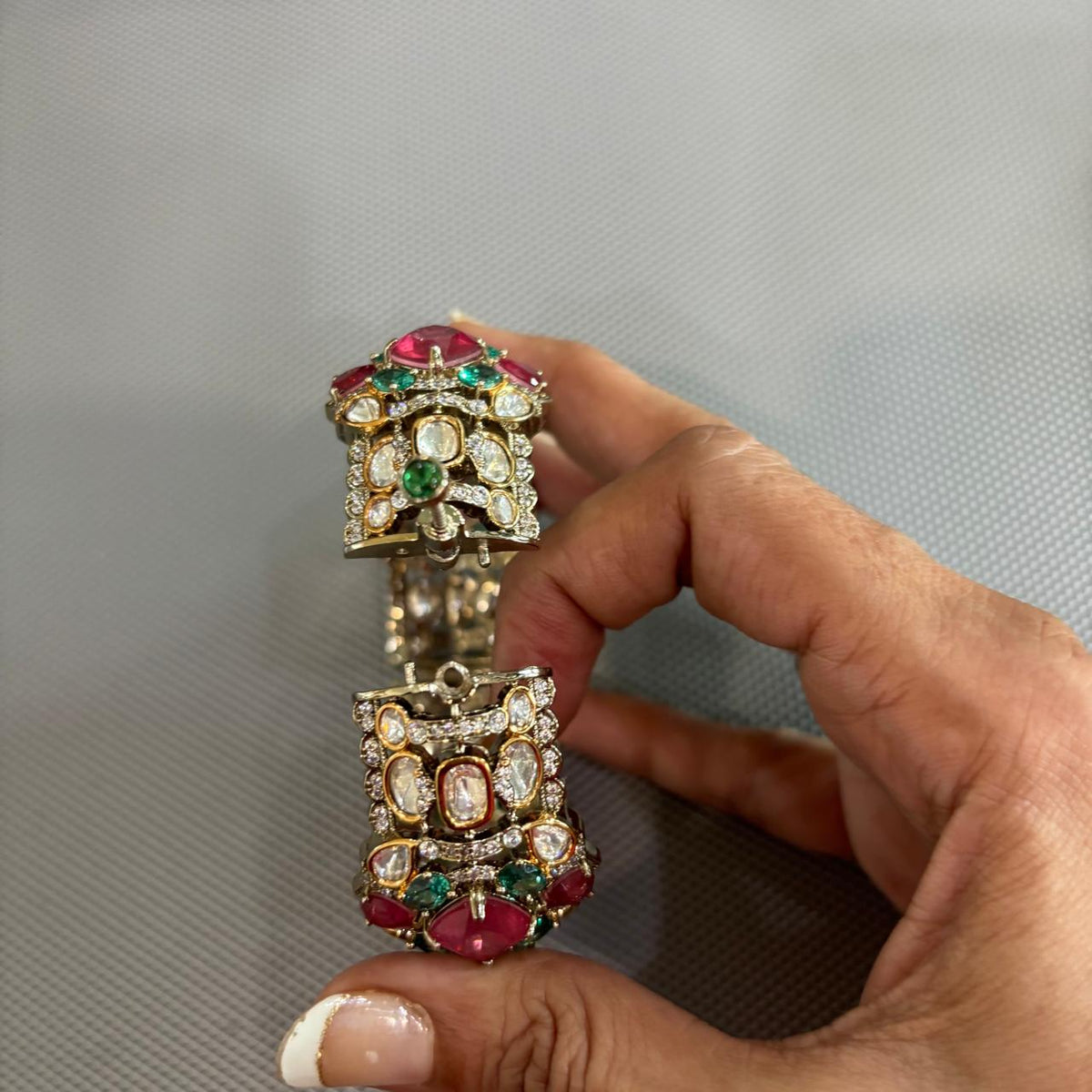 Zevar Polki Moissanite style Openable Kada with Pink & Green Stones