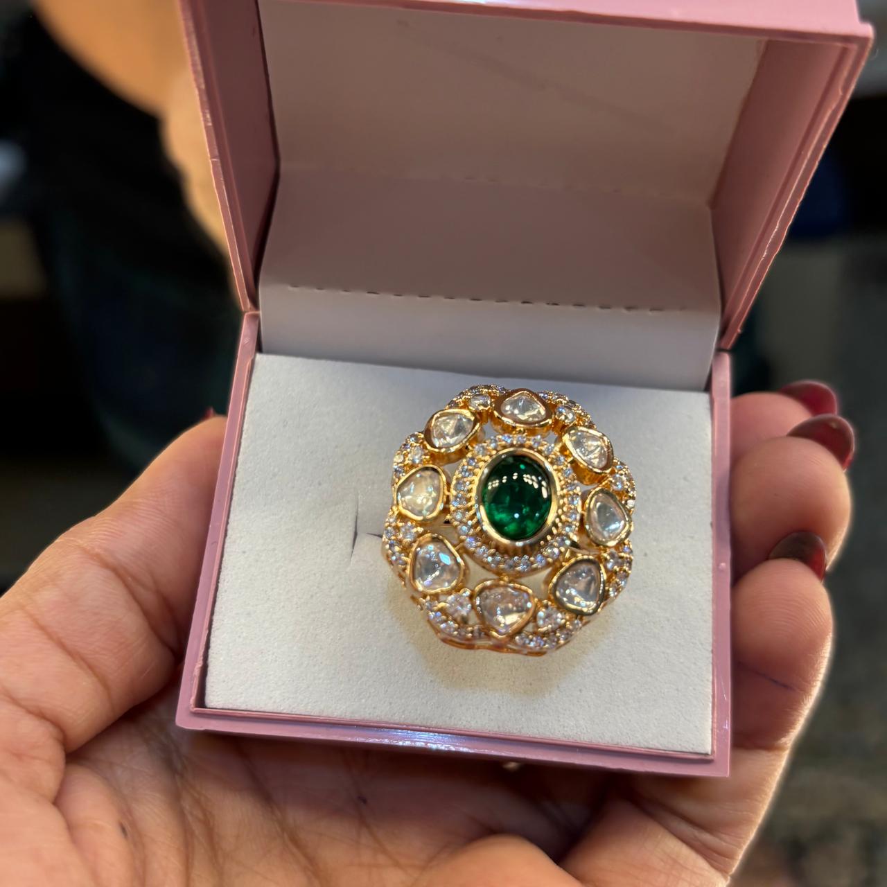 kundan and emerald adjustable gold ring