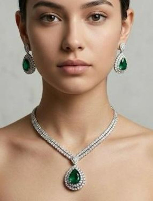 sophisticated american diamond  necklace set with emerald stone pendant  and  matching earrings