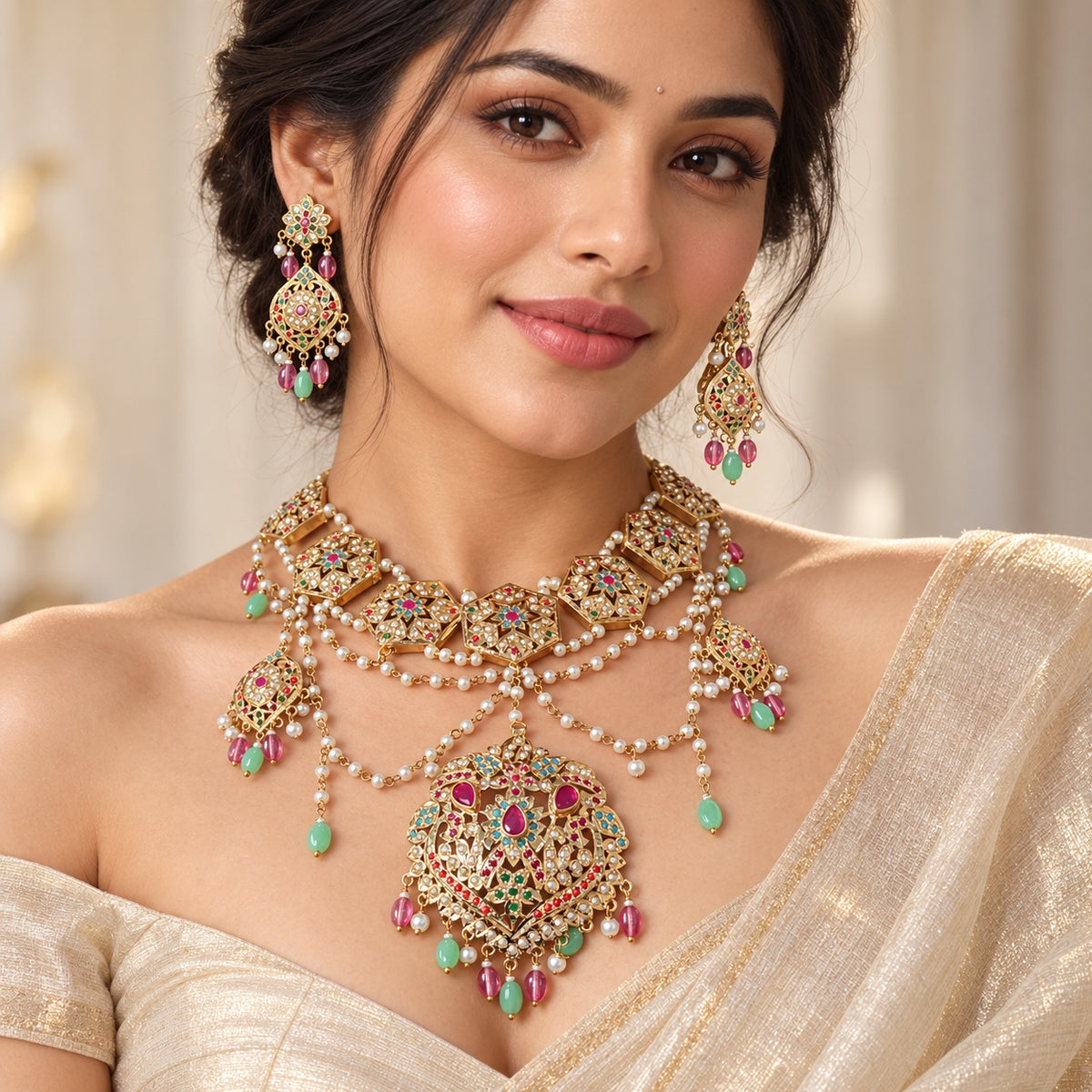 Model wearing Anarkali multicolour Jadau necklace set with pearls and matching earrings with an ivory tissue saree