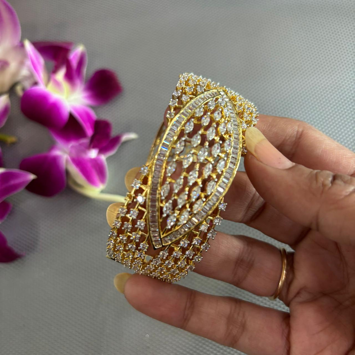 American Diamond cuff bracelet with baguette and marquise stones