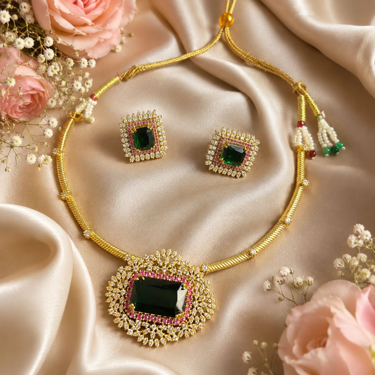 Emerald green American Diamond pendant necklace set with matching stud earrings