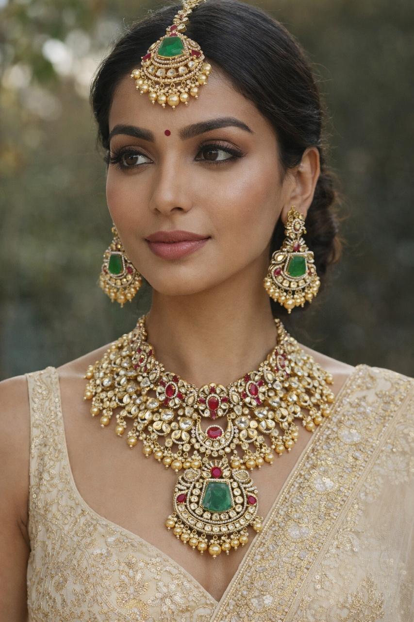 Royal Bridal  kundan polki moissanite set with rubies and emerald