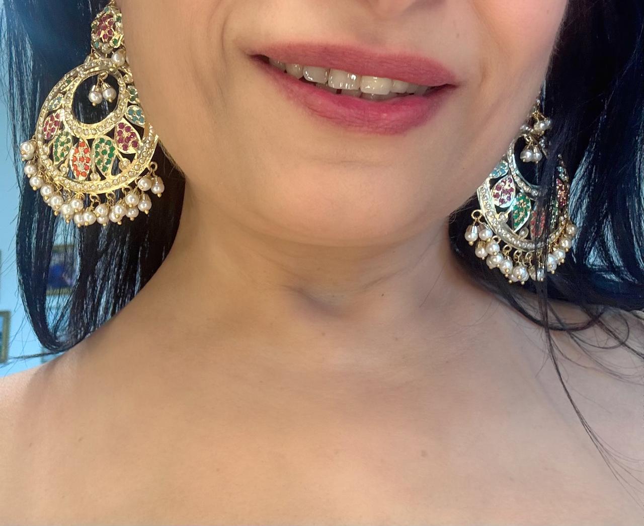 jadau multistone big size lightweight  chandbali earrings in gold
