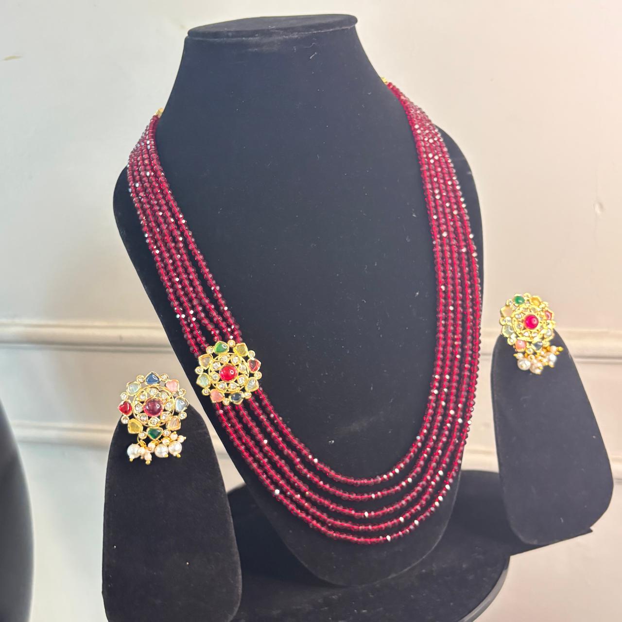 Red Beads Maala Navratan Studs Necklace Set