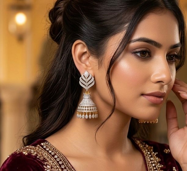 american diamond  jhumka earrings in  gold plating