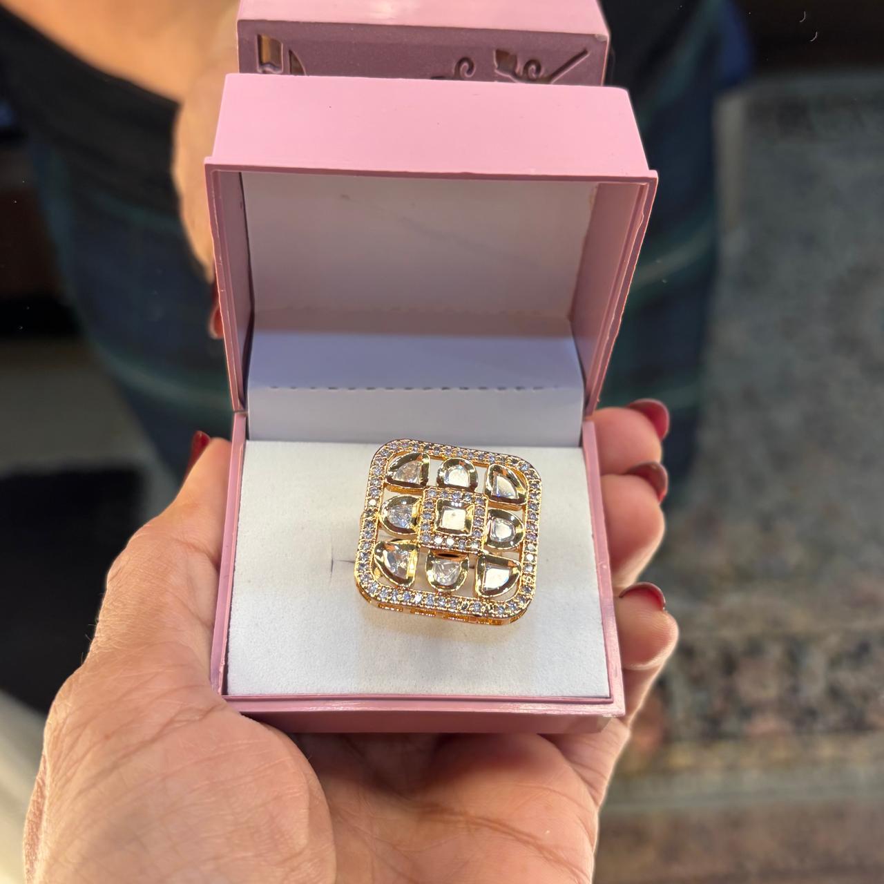 adjustable uncut polki moissanite and diamond ring in gold plating