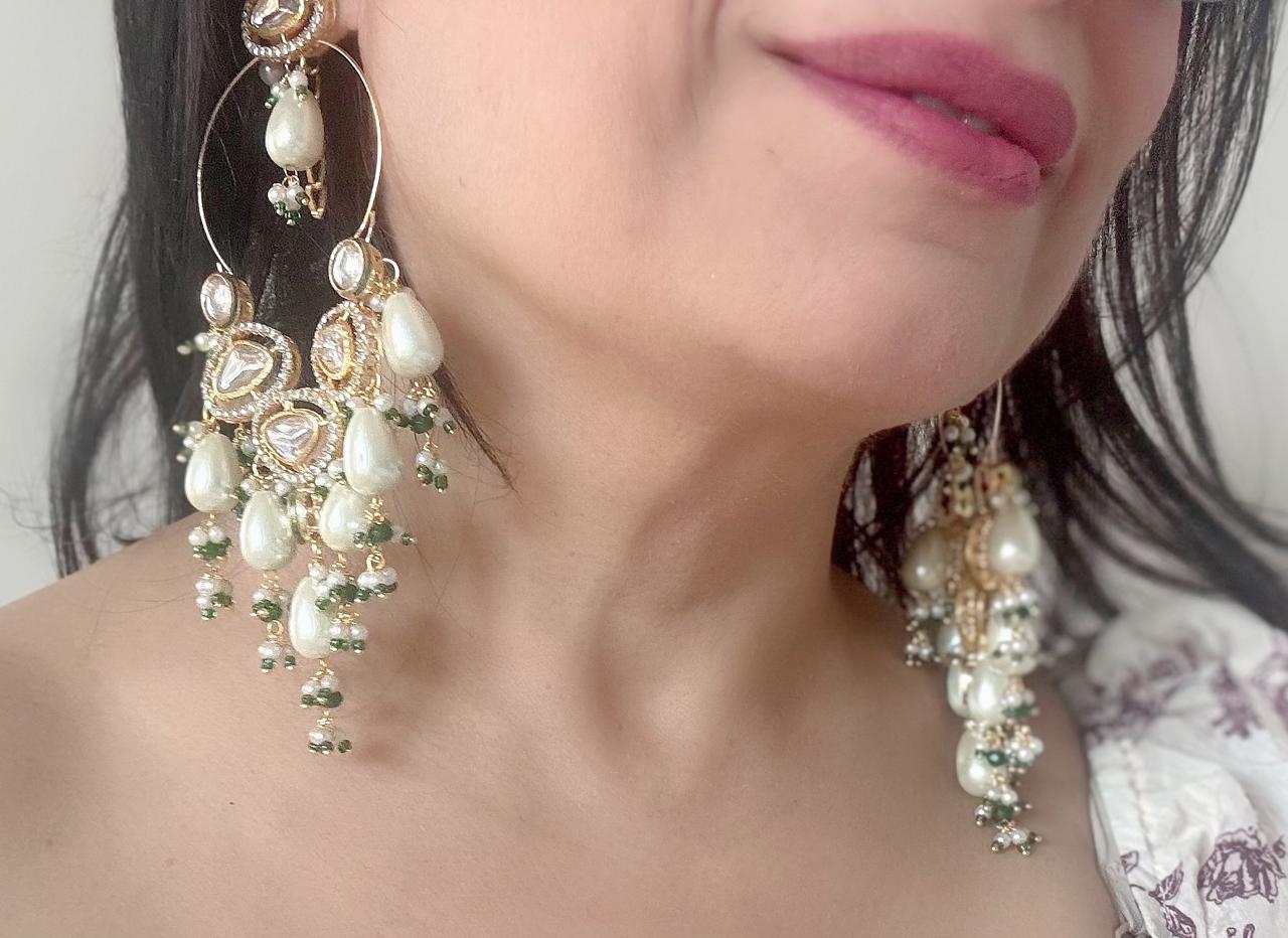beautiful long earrings with pearl and polki moissanite diamond