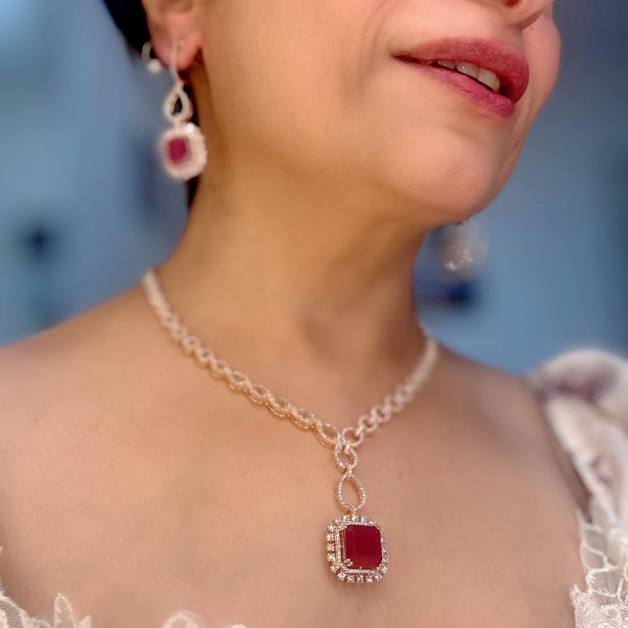 replica of fine jewellery luxurious ruby and american  diamond necklace set