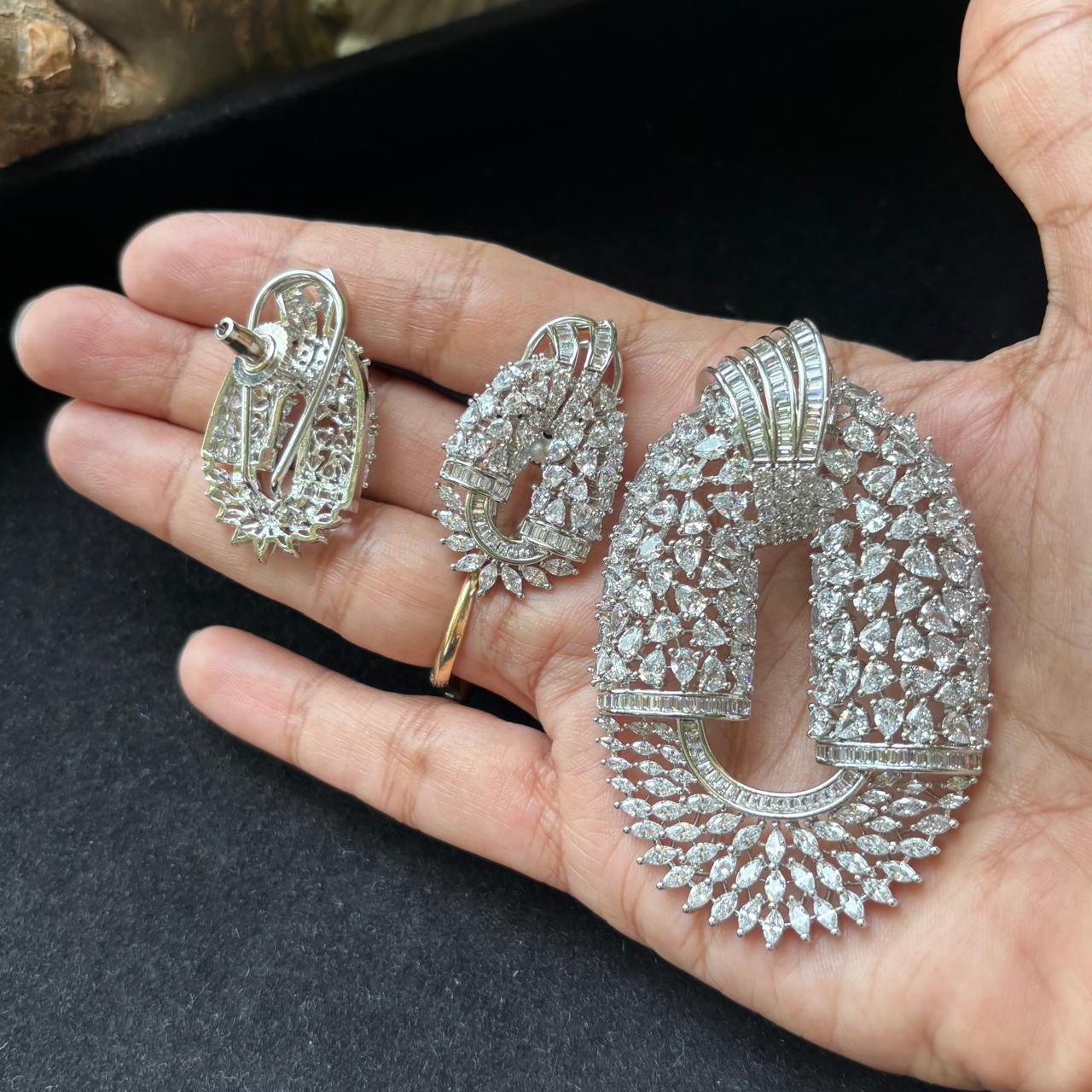 luxury cz diamonds oval silver pendant set with baguette cut diamond and marquise cut diamond and pear cut diamond 
