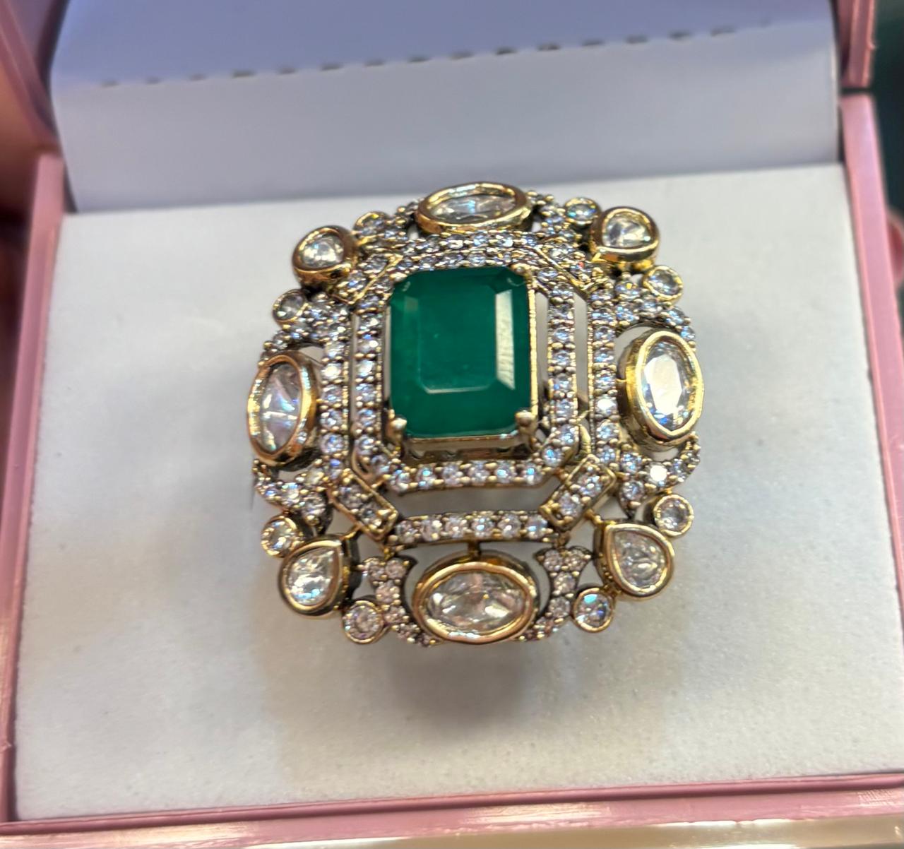  adjustable gold  finger  ring with Emerald , kundan and diamond