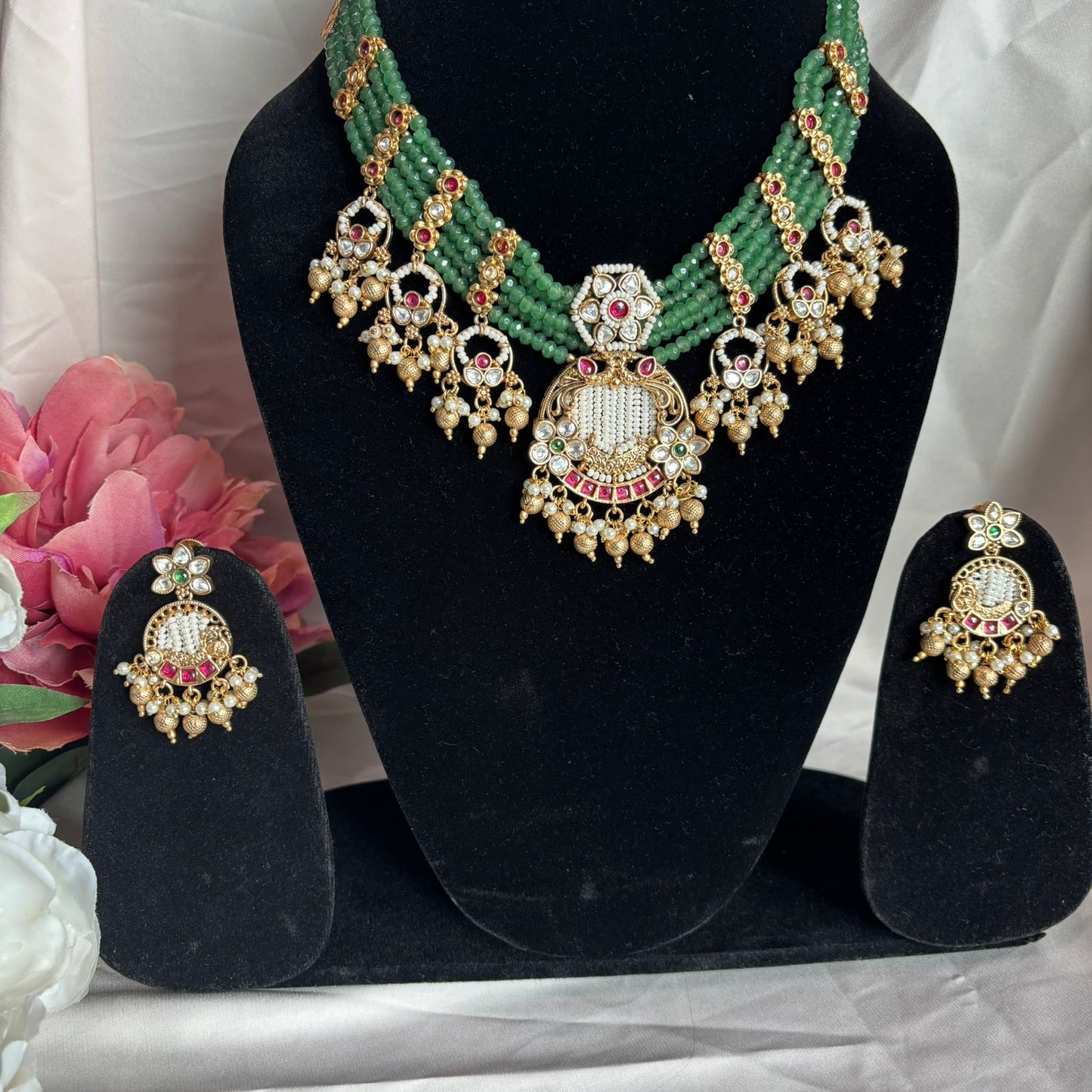  Emerald Beaded Kundan Choker Set with matching statement earrings in green beads, ruby accents and pearl detailing