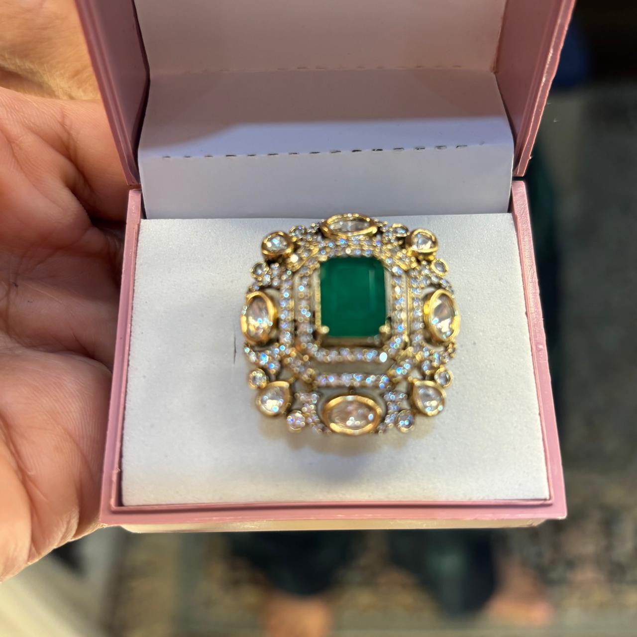  adjustable gold  finger  ring with Emerald , kundan and diamond
