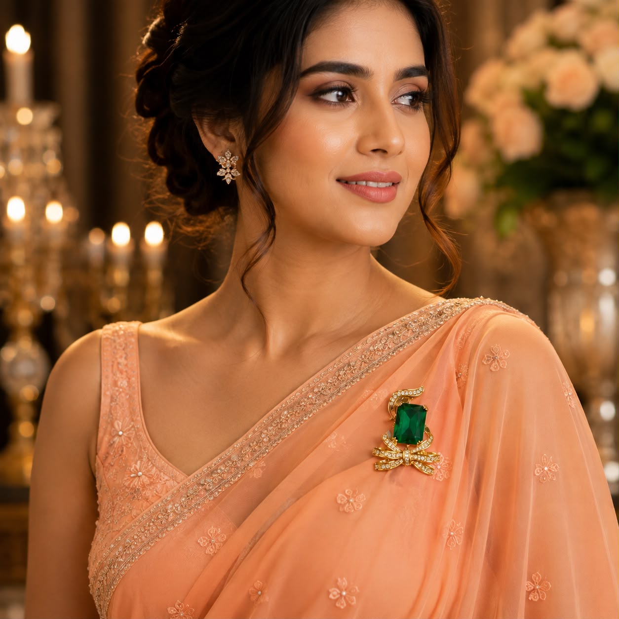 Emerald green crystal bow brooch pin with gold finish and sparkling cubic zirconia stones for sarees blazers coats dresses by Bebaak Jewels