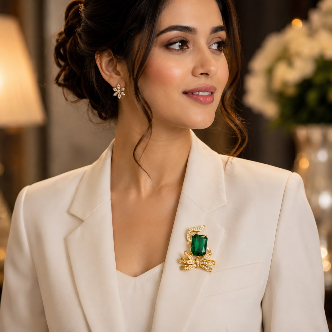Emerald green crystal bow brooch pin with gold finish and sparkling cubic zirconia stones for sarees blazers coats dresses by Bebaak Jewels