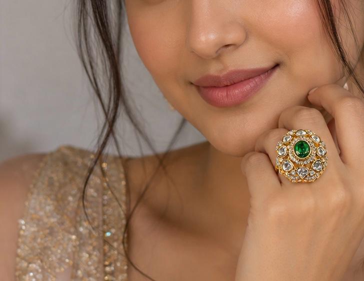kundan and emerald adjustable gold ring