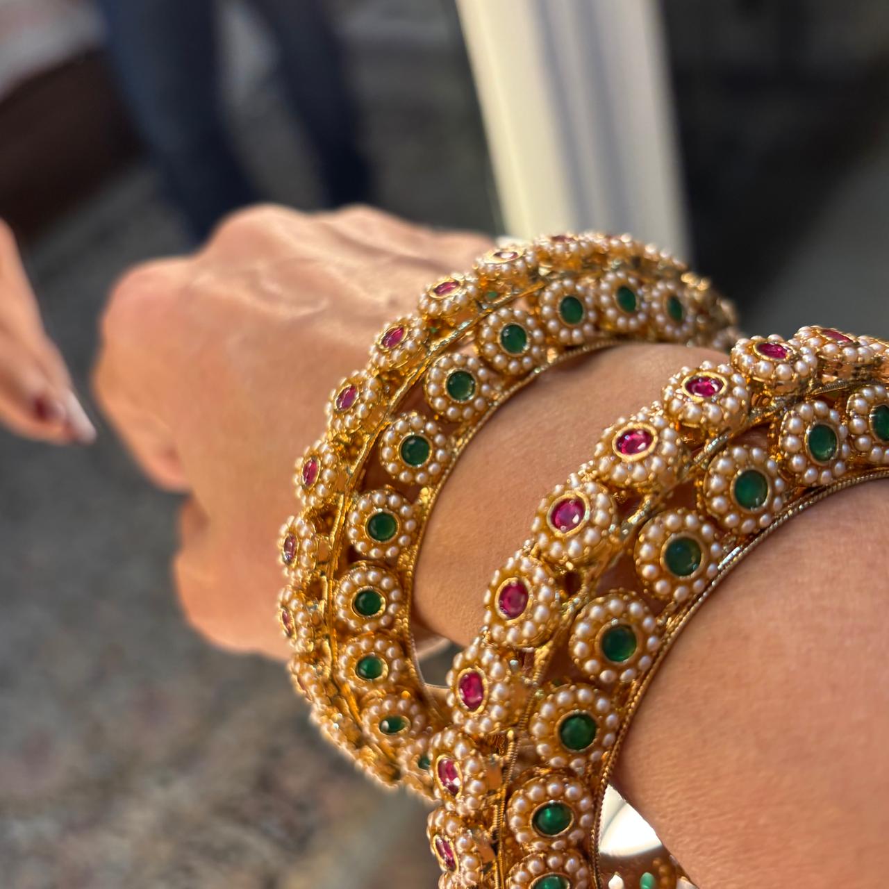ethnic multistone  and pearls openable kada bangles  